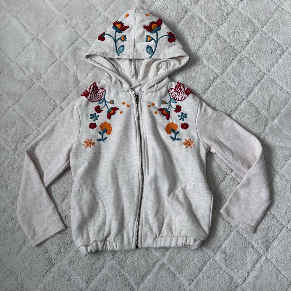 Zara Girls | Cream and Red Floral Embroidered Full Zip Hoodie | Size 13/14